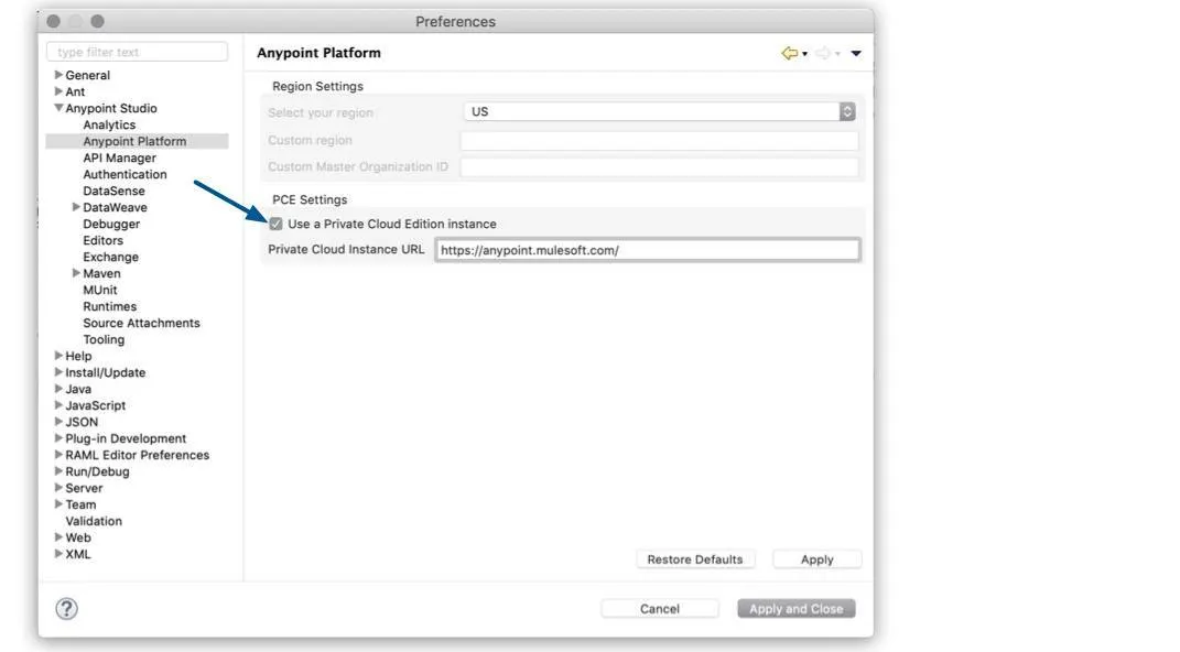 The Private Cloud Instance URL field contains https://anypoint.mulesoft.com/.