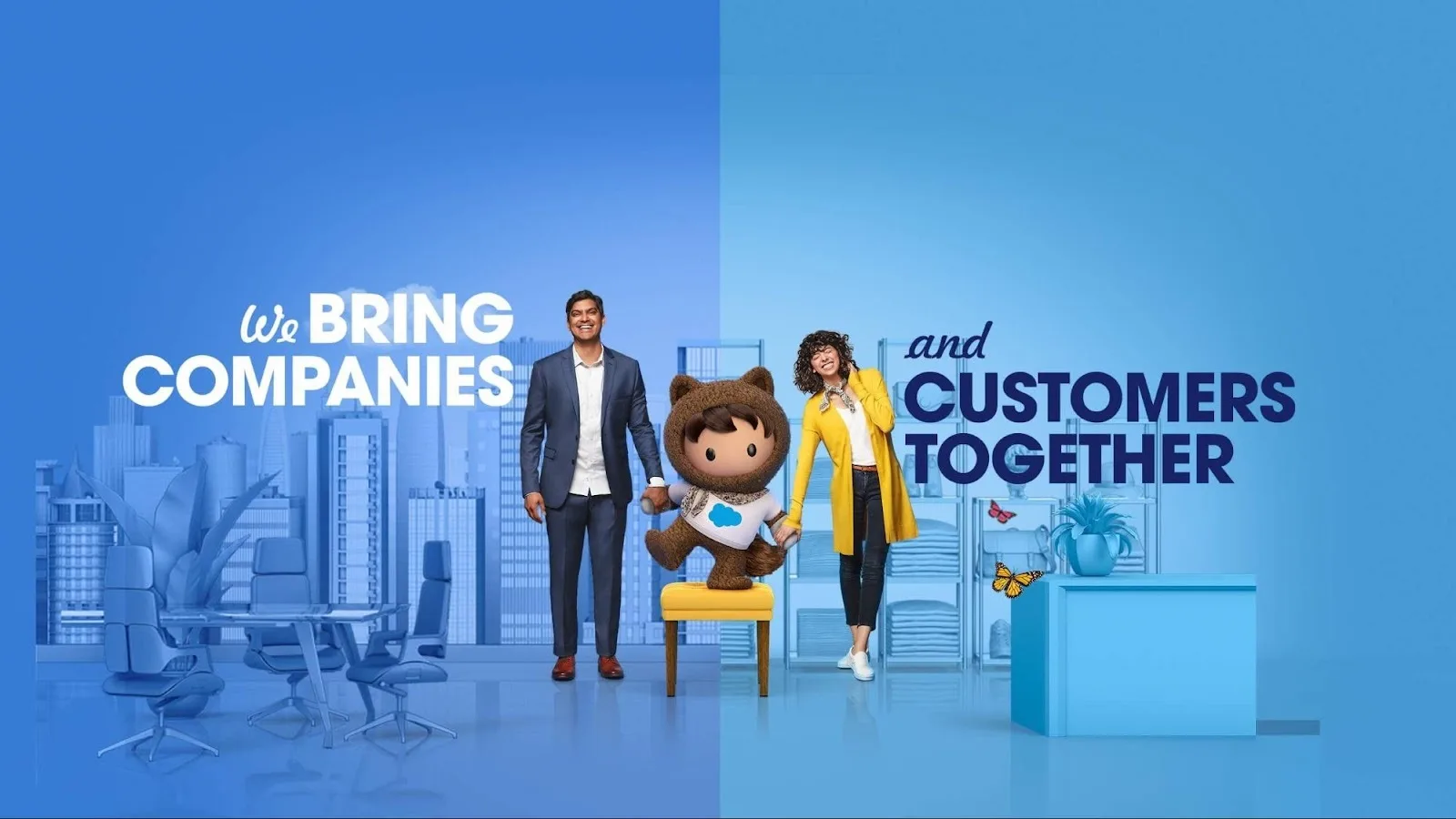 Salesforce mascot Astro standing between a businessman and a customer and holding the hand of each.