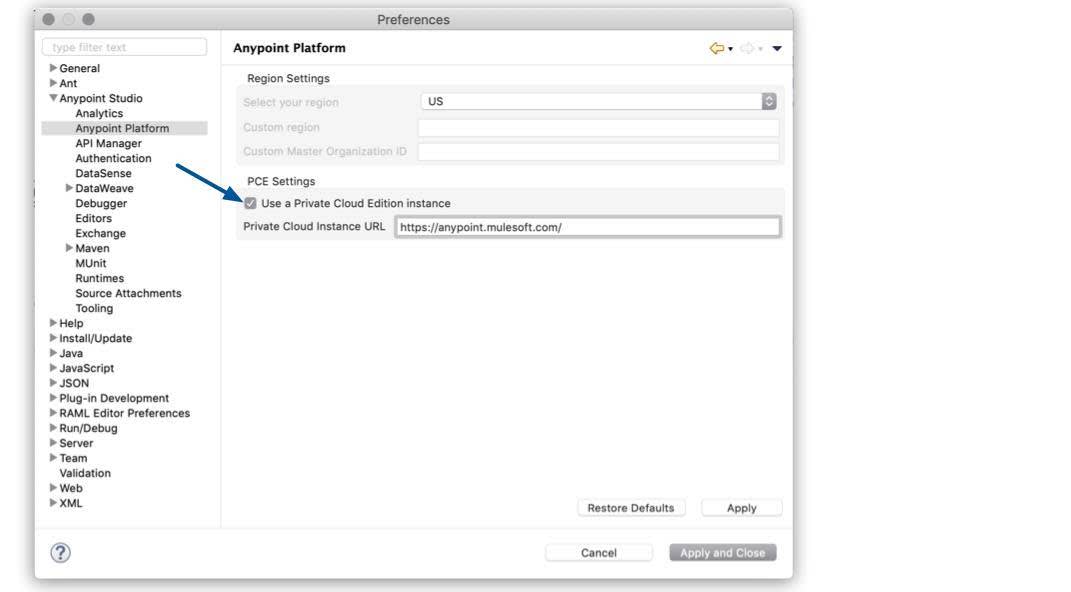 Private Cloud Instance URL 필드에는 https://anypoint.mulesoft.com/이 포함되어 있습니다.