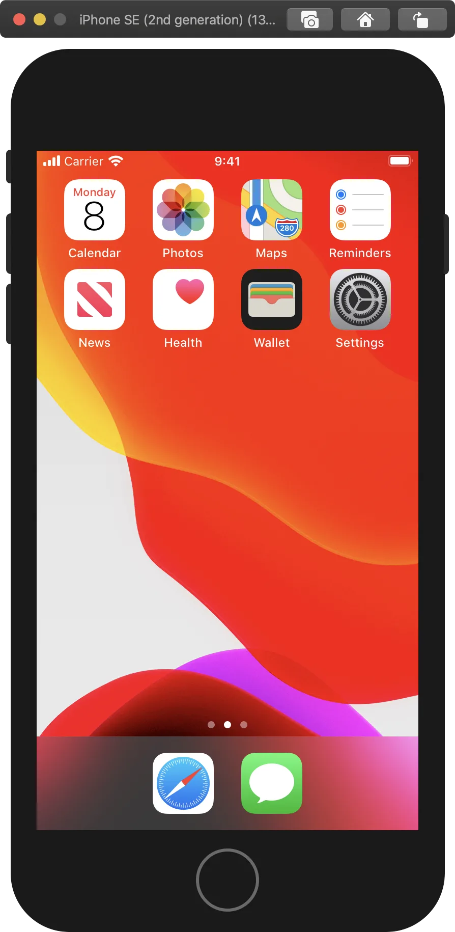 The iPhone SE home screen in Simulator