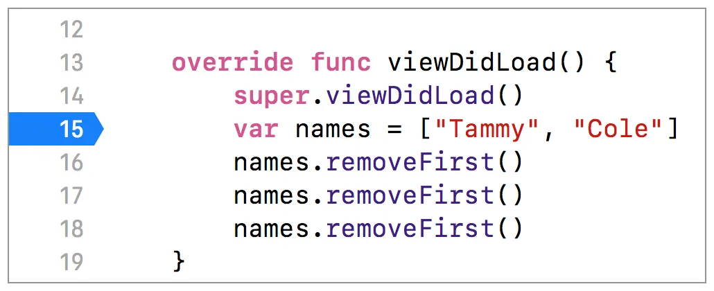 A breakpoint added to line 15 of the code, shown as a blue bar over the number 15.