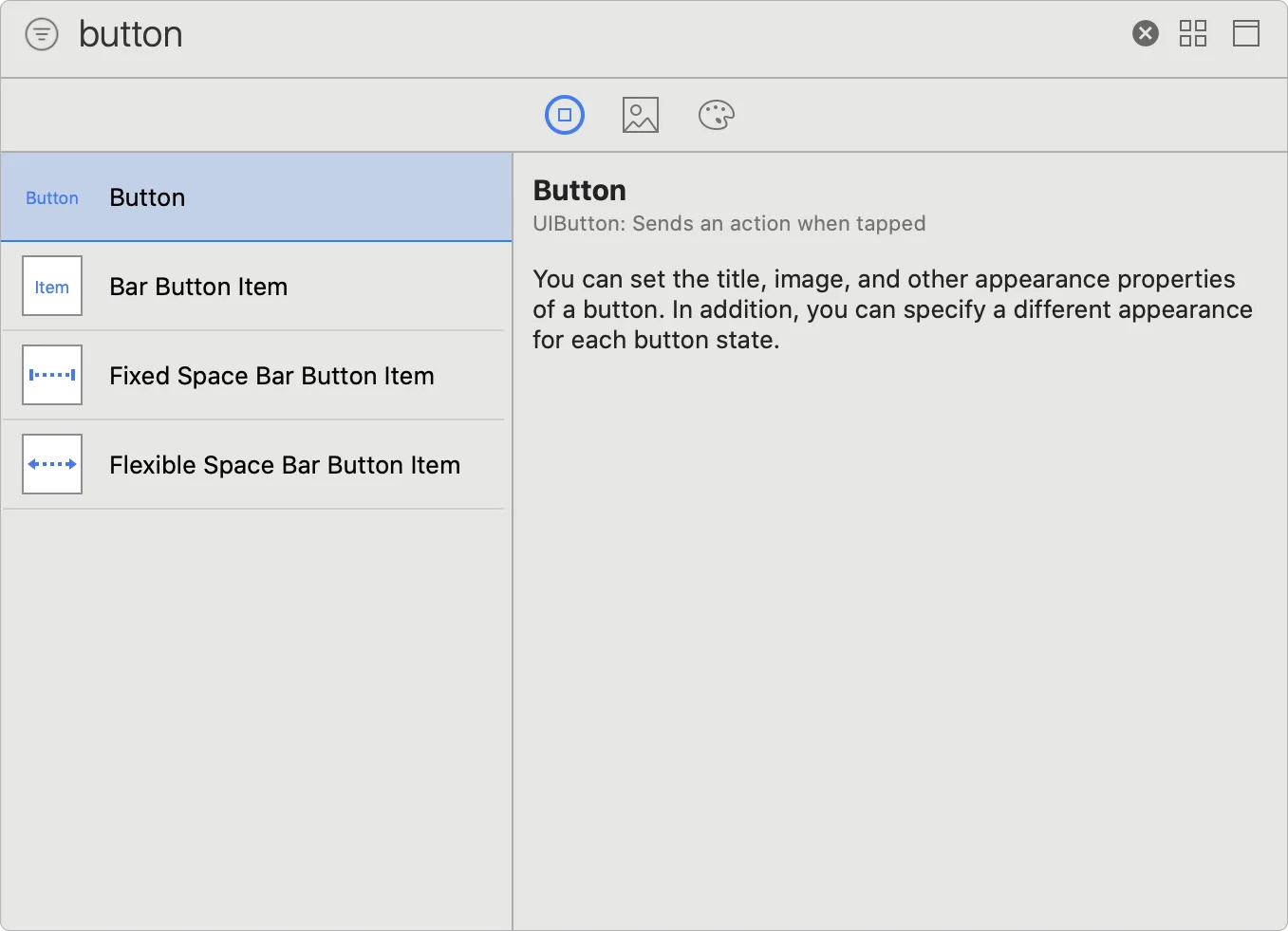 The Object Library, filtered by buttons called Button, Bar Button Item, Fixed Space Bar Button Item, and Flexible Space Bar Button Item.