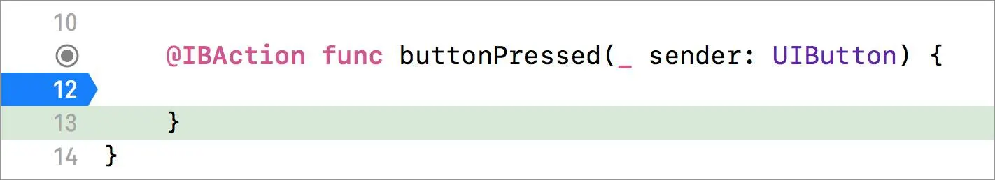 The Xcode breakpoint trigger on line 12 in the code.