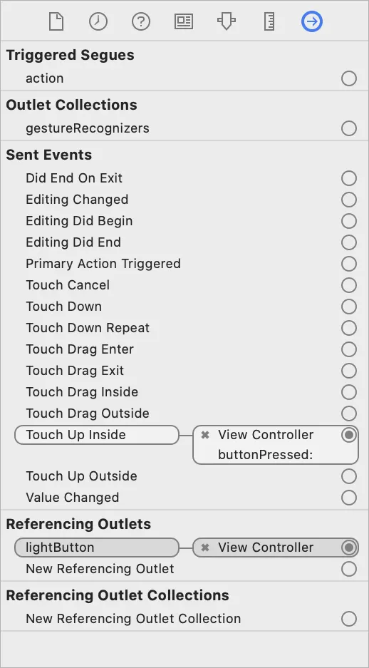 The lightButton variable is located under the Referencing Outlets section.