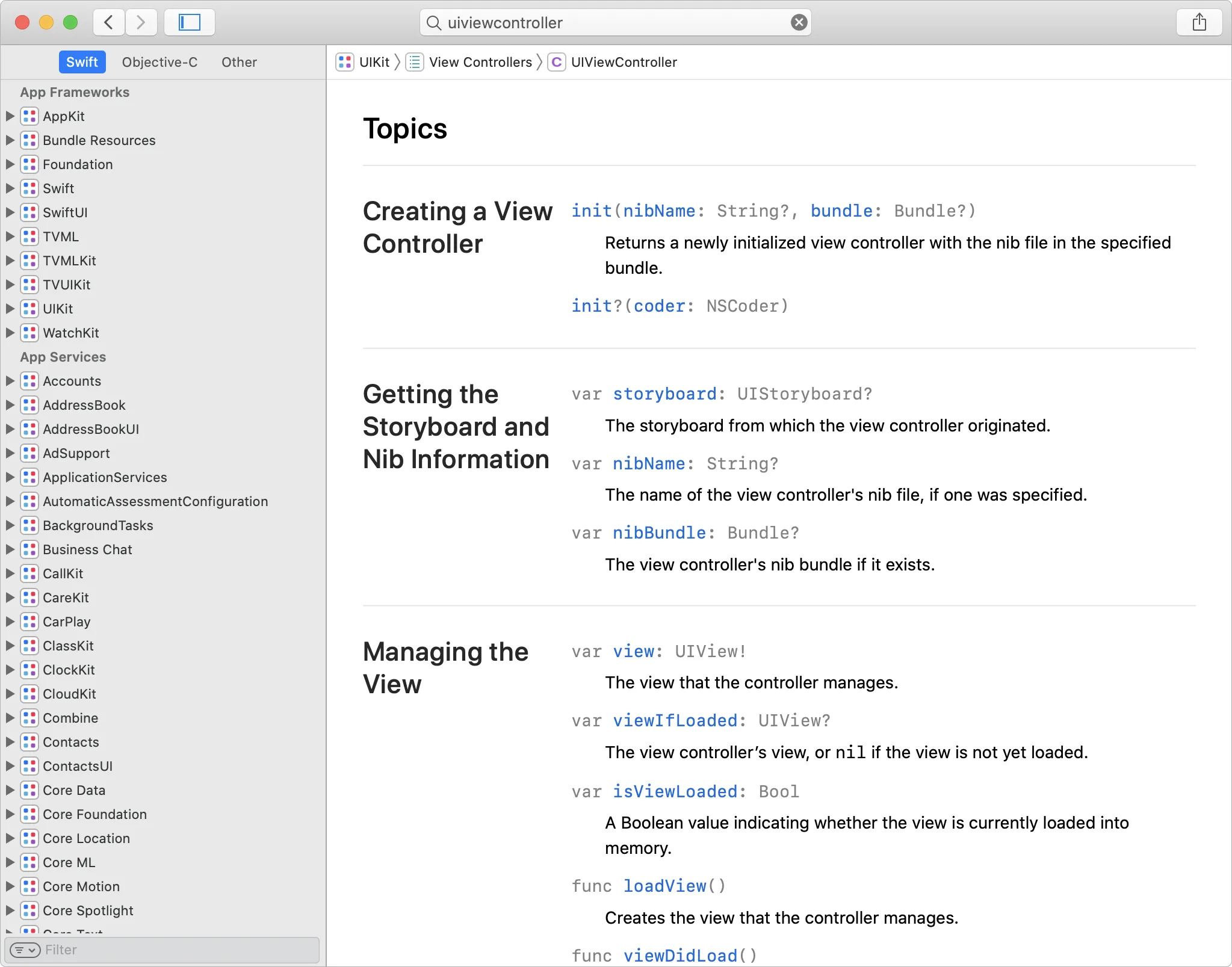 Documentation topics including Creating a View Controller and Getting the Storyboard and Nib Information.