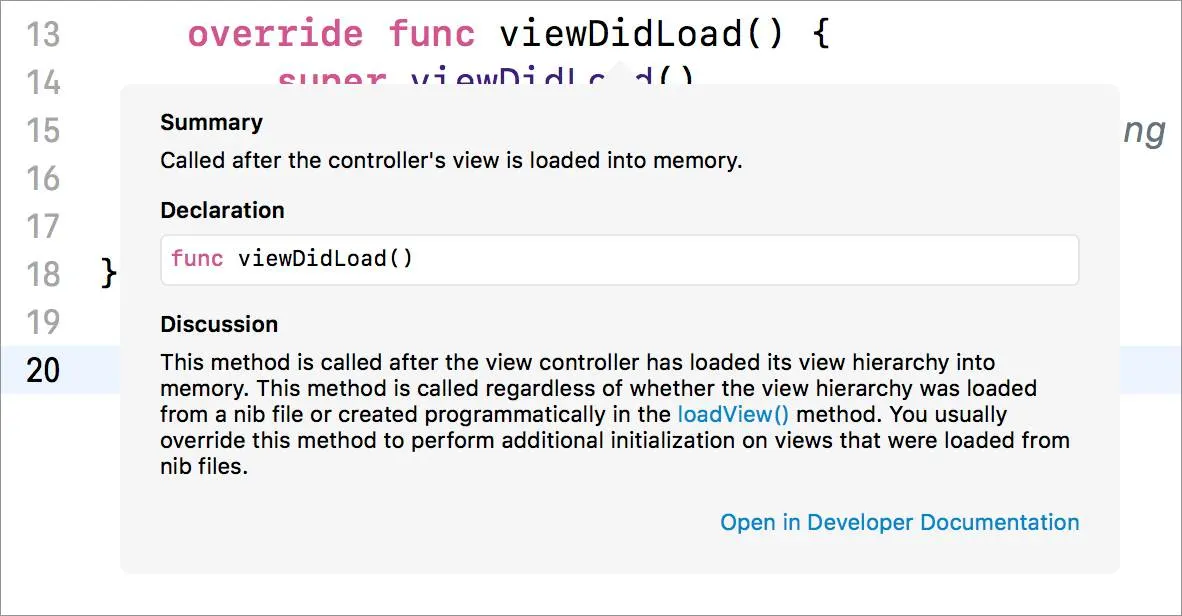 The documentation popup shows a Summary of a function, the Declaration, and context in Discussion.