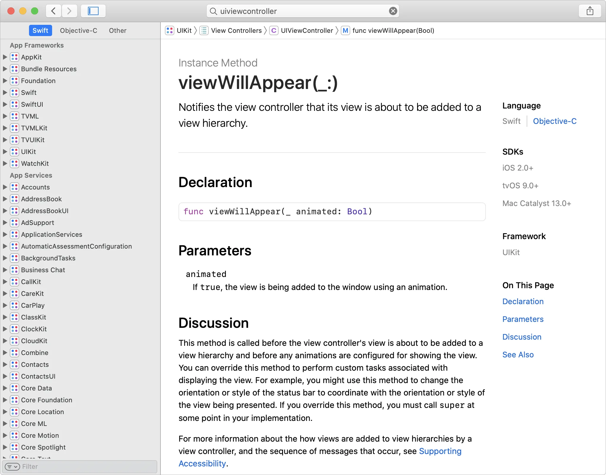 Documentation for the viewWillAppear(_:) method.