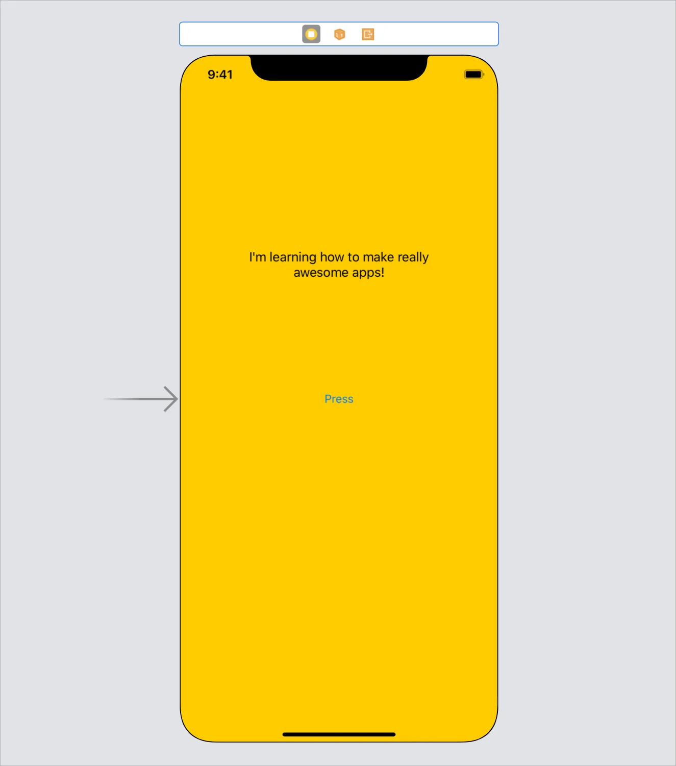 The Interface Builder practice view displays the line “I’m learning how to make really awesome apps!”.