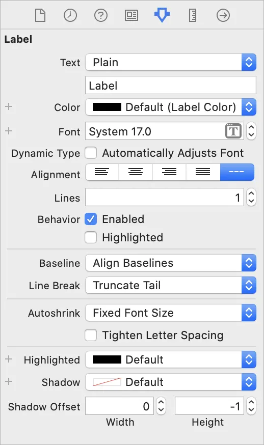 The Attributes inspector for the Label object with selections for Text, Color, Font, and more.