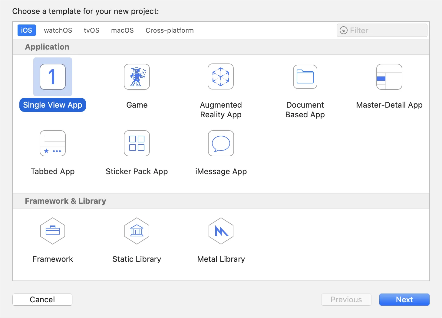 The Template Options screen, with  Single View App selected.