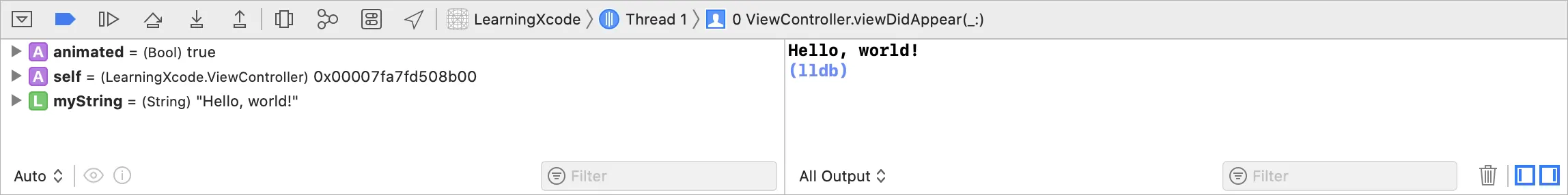 The Xcode Debug Area with the code and Hello, world! result in review.