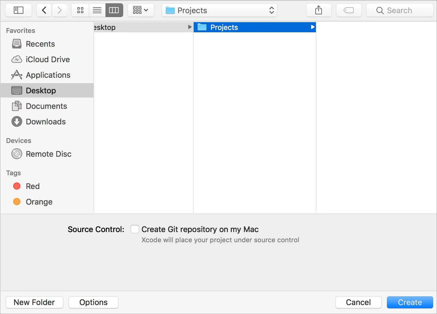 The Save screen on the desktop is shown with the checkbox next to Create Git repository on my Mac unselected.