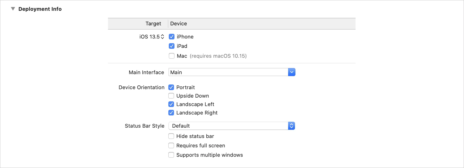 The Deployment Info section includes fields such as Deployment Target, iOS and Device type, Device Orientation, and more.