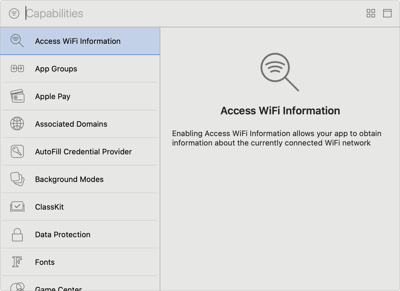 The Capabilities section lists a series of functions that can be searched.