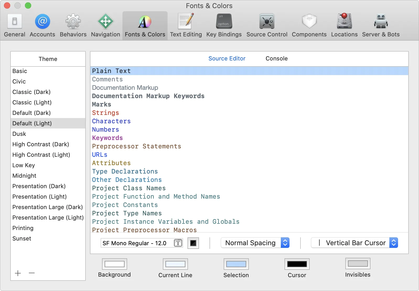 The Xcode font preferences allows you to select fonts such as Plain Text, Strings, and Keywords with corresponding colors.