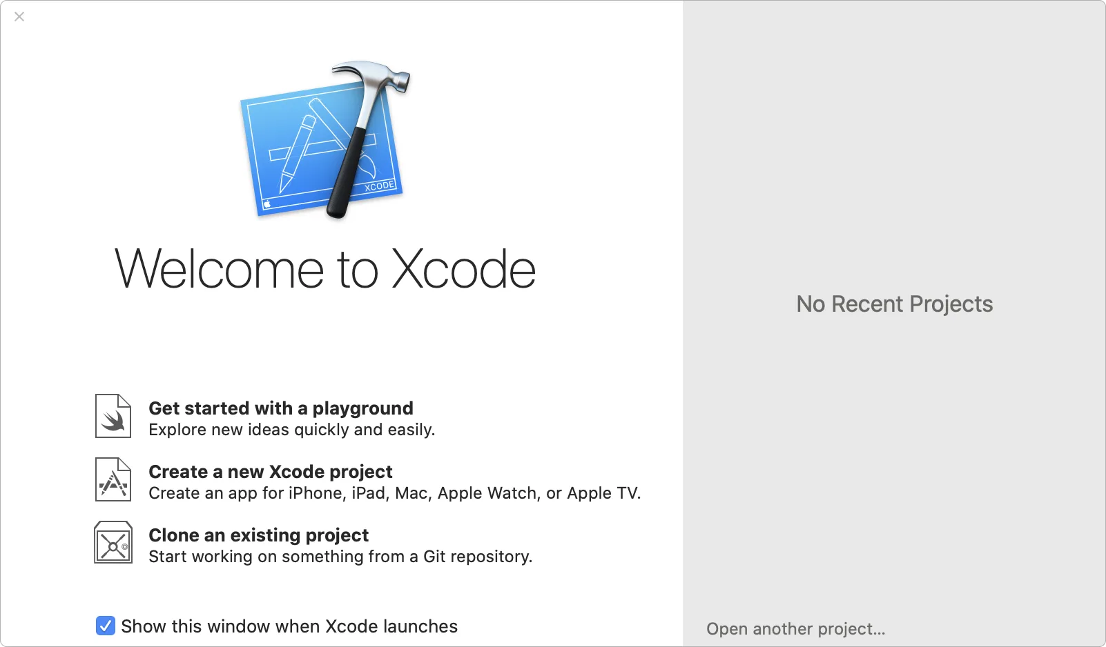 Xcode のスプラッシュスクリーン。プレイグラウンドの使用開始、新規 Xcode プロジェクトの作成、既存のプロジェクトのコピーなどの機能が表示されています。