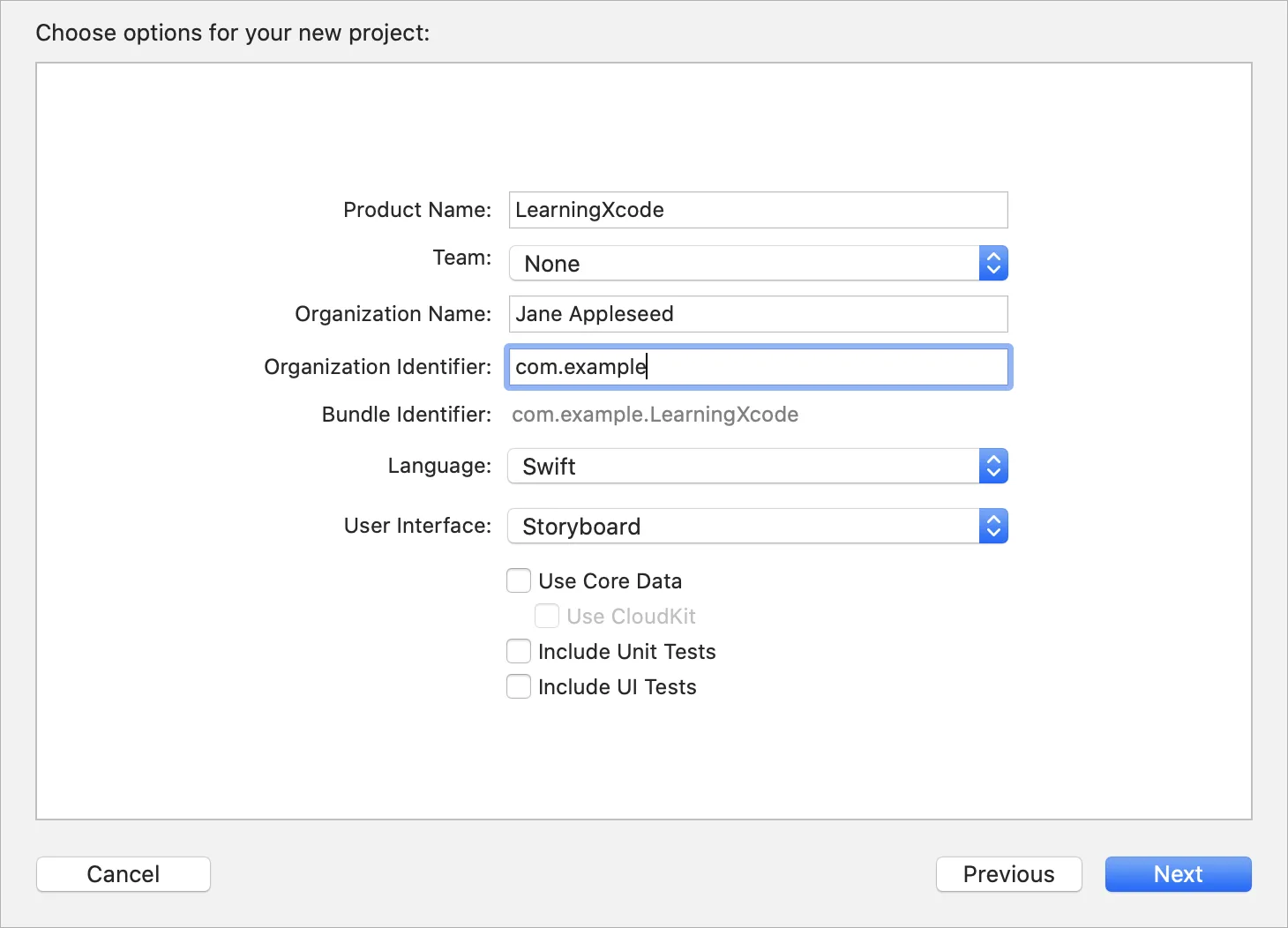 [Choose options for your new project (新規プロジェクトのオプションの選択)] 画面。[Organization Identifier (組織 ID)] 項目が強調表示されています。