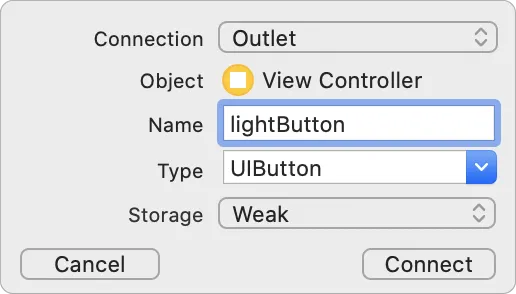 アウトレットポップアップの [Name (名前)] が強調表示され、その項目に「lightButton」と入力されています。