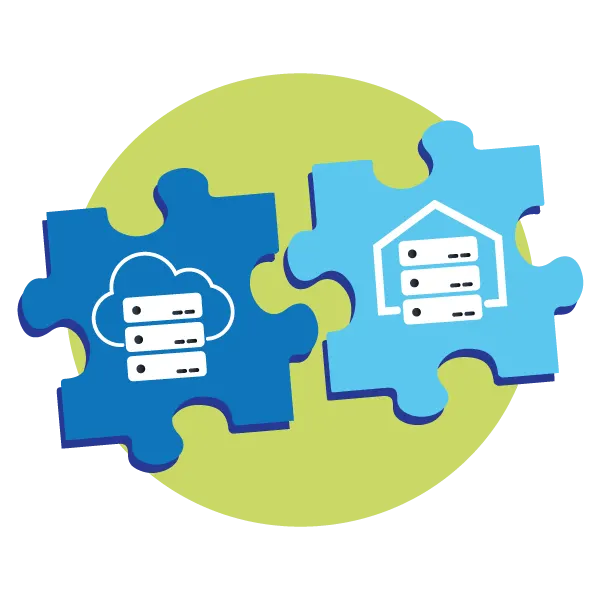 Two puzzle pieces being put together, one with a cloud and one with a physical data center