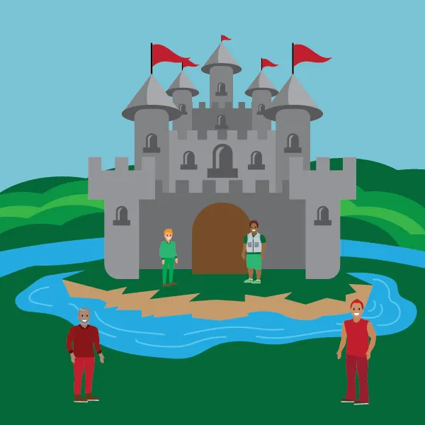 A castle surrounded by a moat, with people inside and outside.