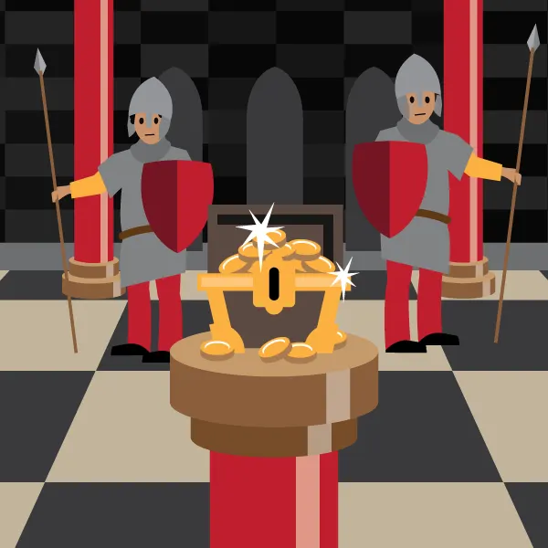 Guards controlling access to a room with treasure