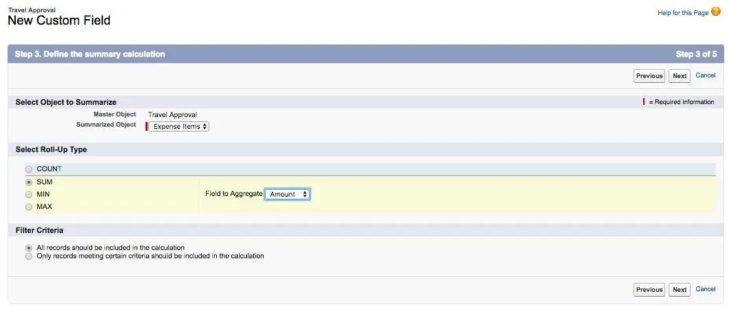 Step 3 of the New Custom Field for the Travel Approval object