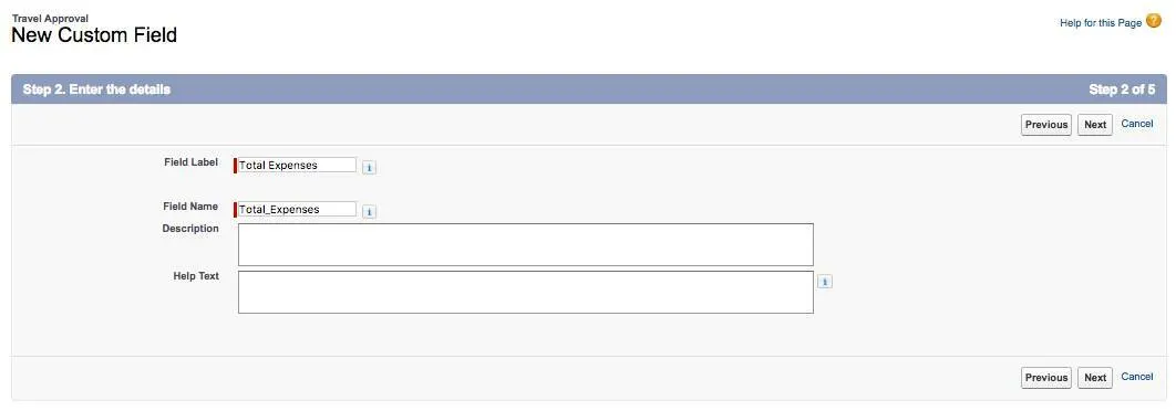 Step 2 of New Custom Field for the Travel Approval object