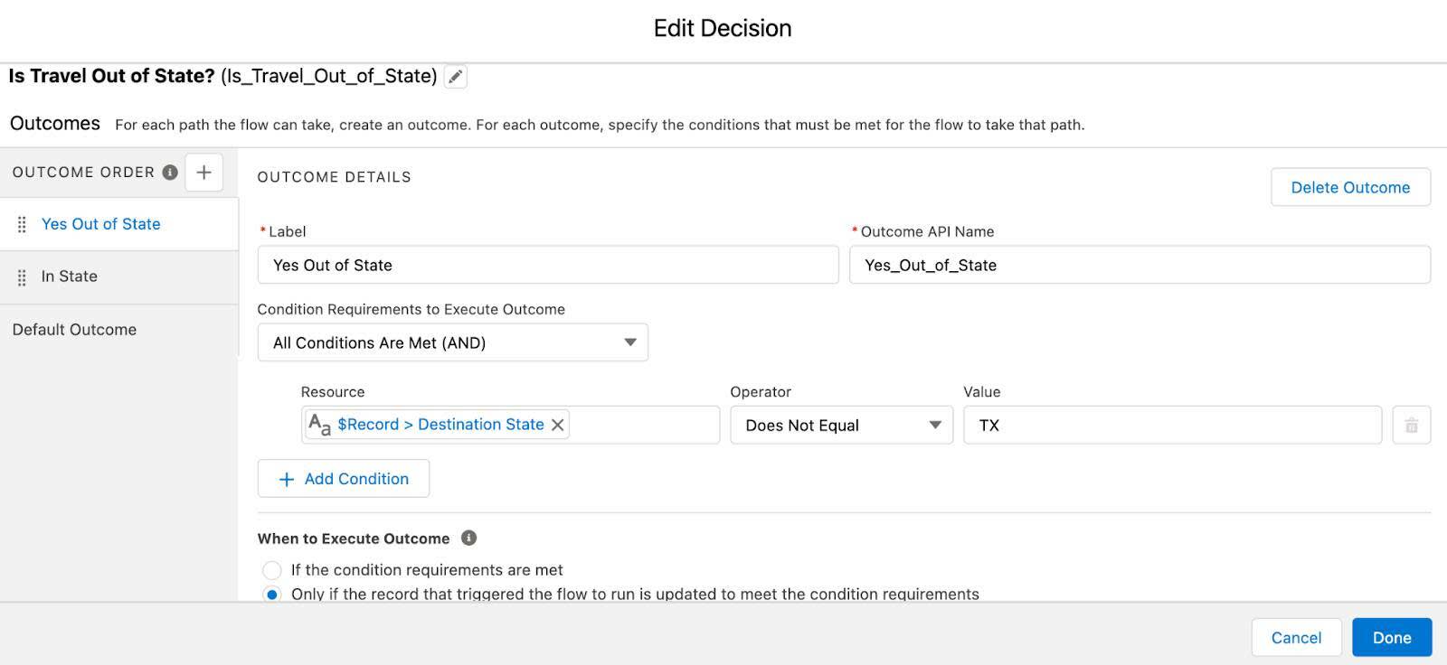 Edit Decision screen with values entered