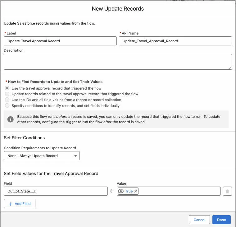 Edit Update Record screen with values selected.