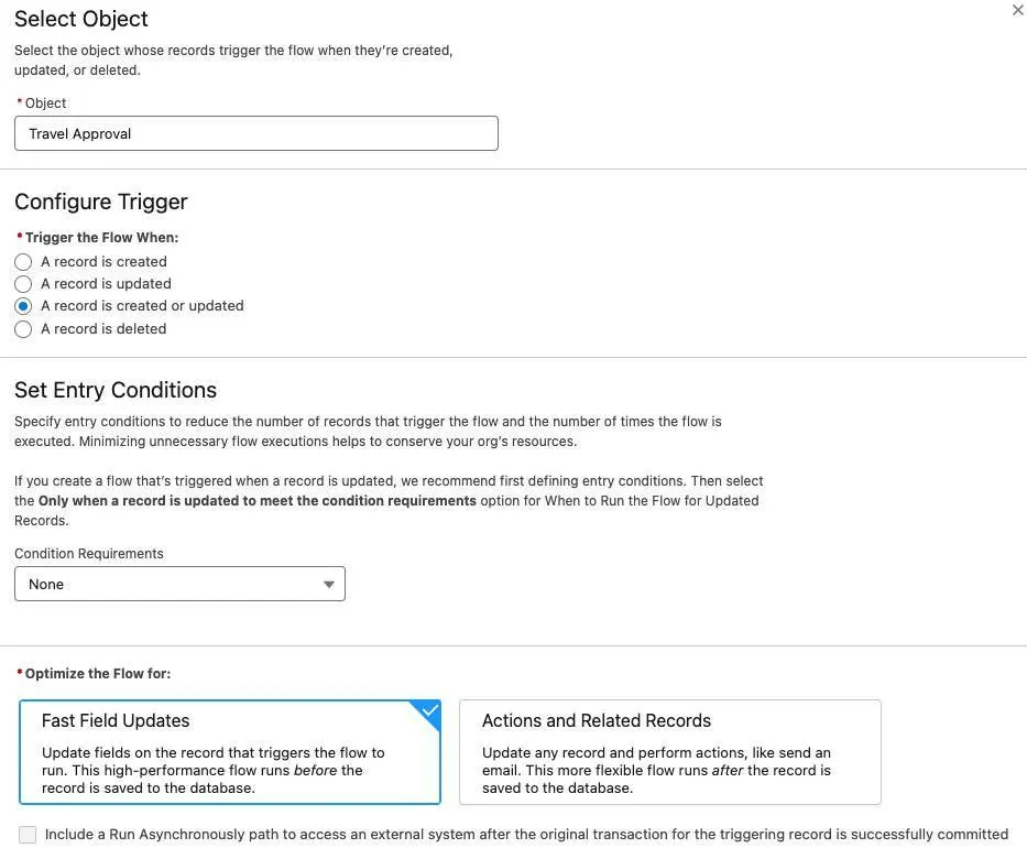 The Start element's configuration panel corresponding to the preceding steps.