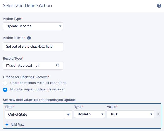 Select and Define Action page with out of state formula.