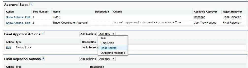 Final Approval Actions with Field Update selected