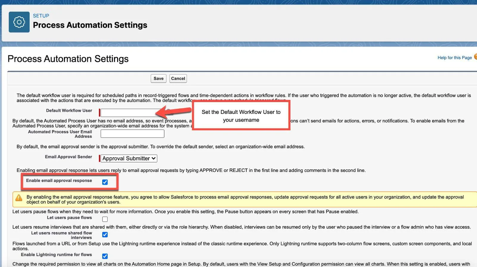 Process Automation Settings page