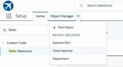 Object Manager page with Travel Approval selected