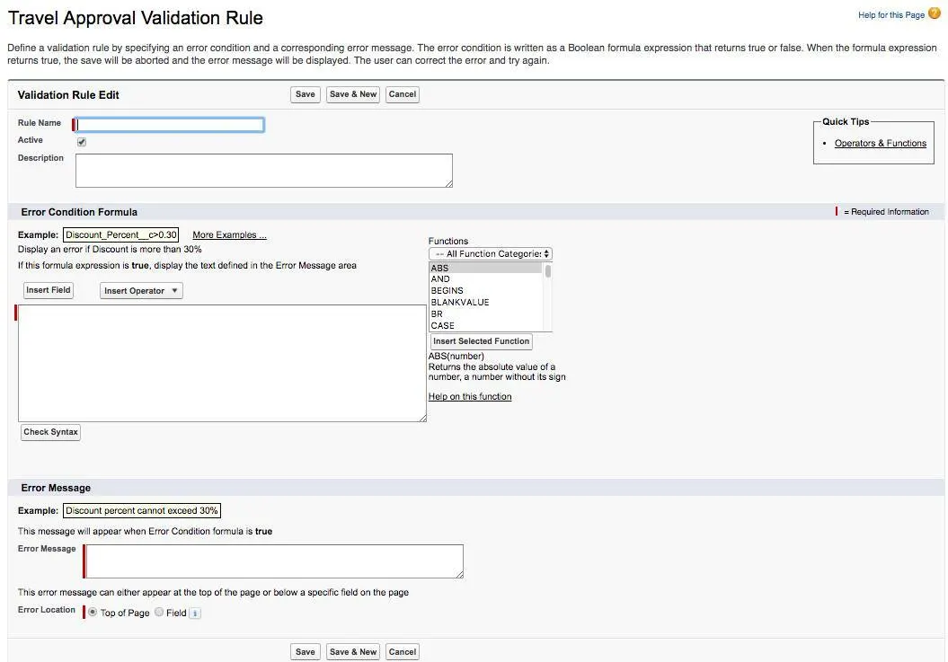 The Travel Approval Validation rule configuration window