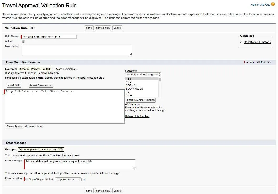 The Travel Approval Validation rule configuration window with values