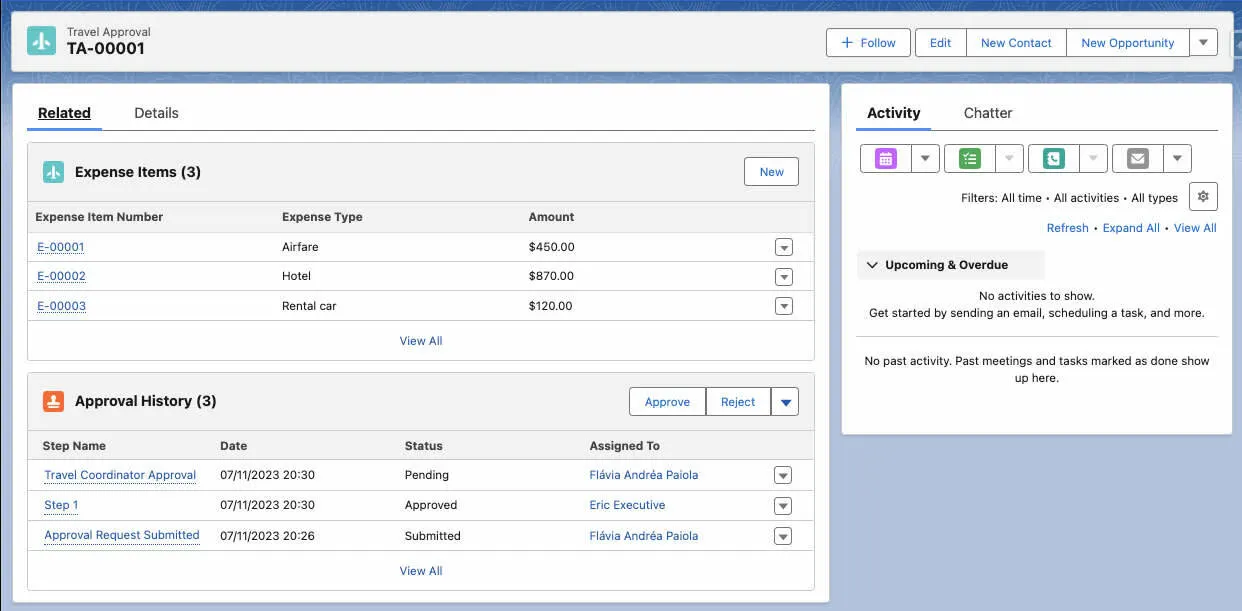 Travel Approval record with Travel Coordinator Approval status of Pending