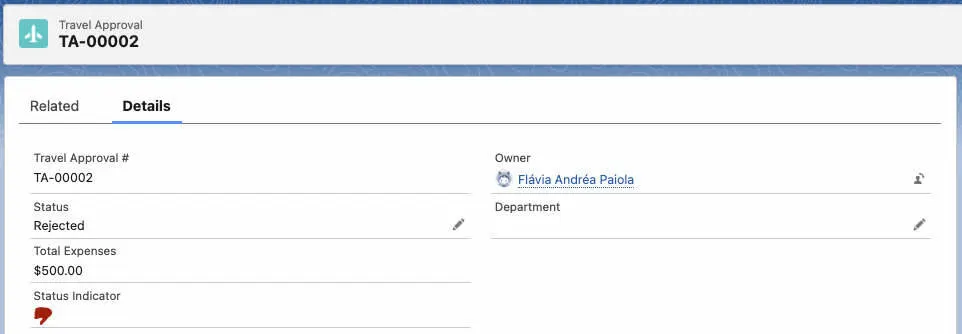 Travel Approval record with thumbs-down Status Indicator.