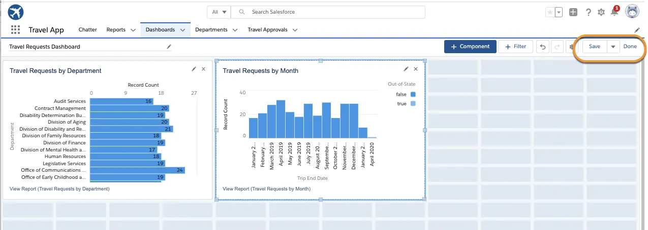 Dashboard with Save and Done highlighted.