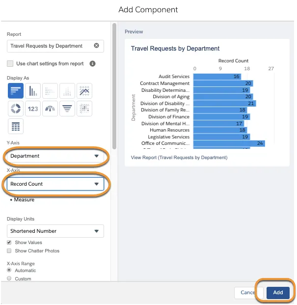 Add Component page with Department and Record Count in Y-Axis and X-Axis fields.