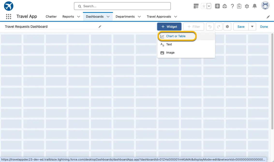 Das Dashboard mit markiertem '+ Widget' und 'Chart or Table (Diagramm oder Tabelle)'