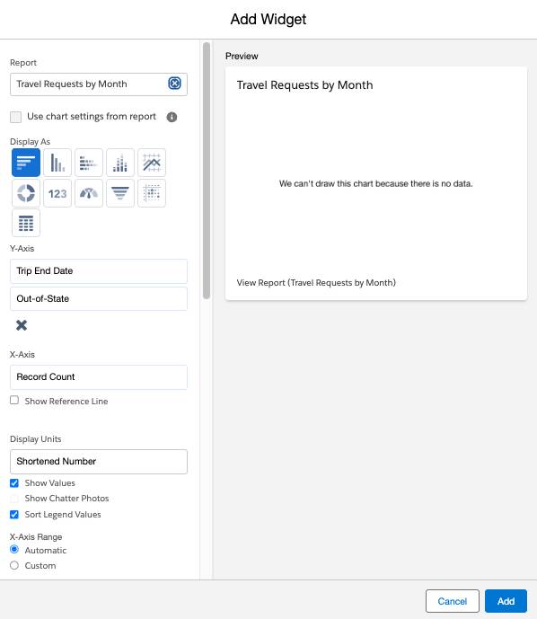 Página Add Widget (Agregar Widget) para el reporte Travel Requests by Month (Solicitudes de viaje por mes).