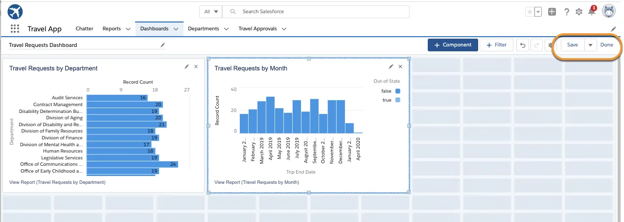 Tableau de bord avec Save (Enregistrer) et Done (Terminer) mis en évidence.