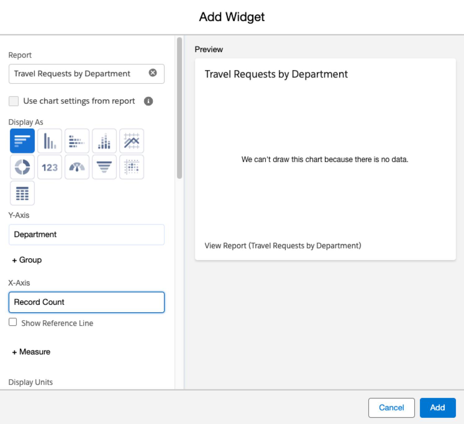 Page Add Component (Ajouter un composant) avec Department (Service) dans le champ Y-Axis (Axe Y) et Record Count (Nombre d’enregistrements) dans le champ X-Axis (Axe X).