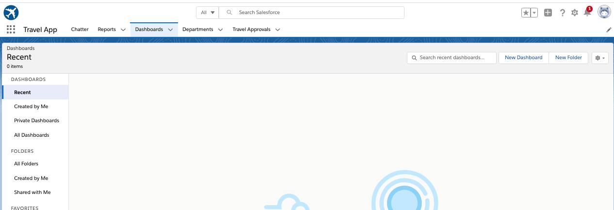 [Dashboards (ダッシュボード)] タブが選択されている [Travel App (出張アプリケーション)]