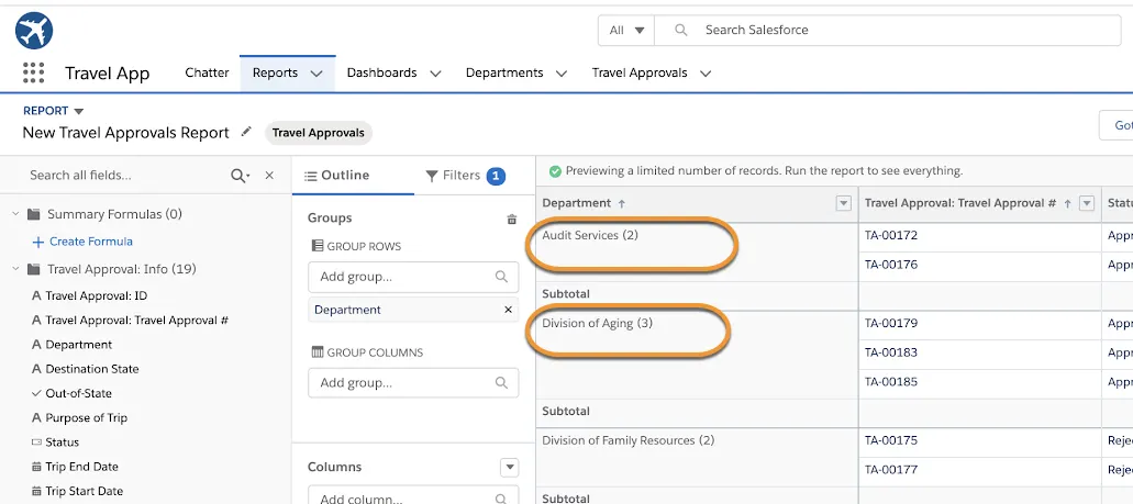 Reporte Travel Approvals (Aprobaciones de viajes) agrupado por departamento.