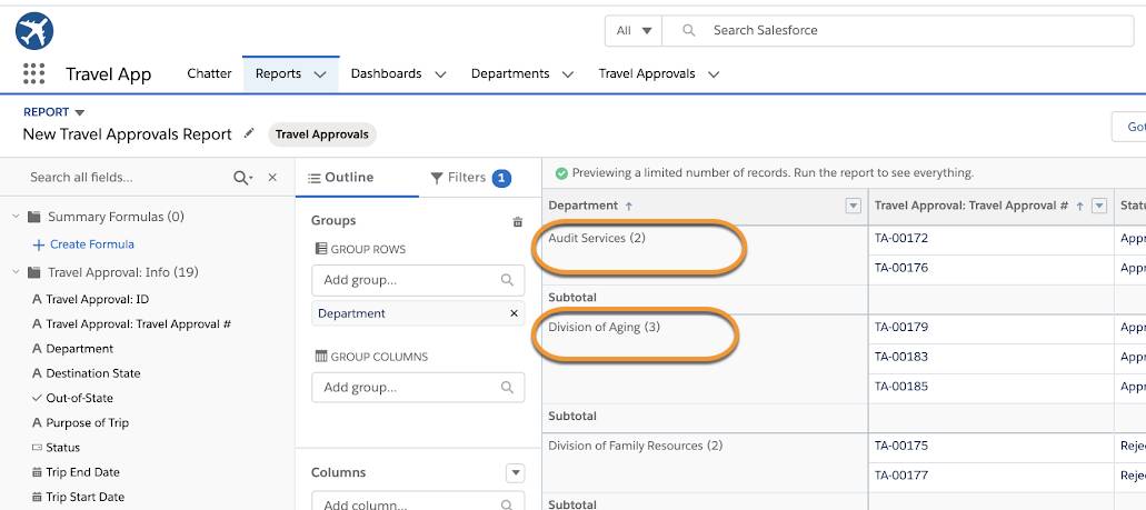 Rapport Travel Approvals (Approbations de déplacement) groupé par service.