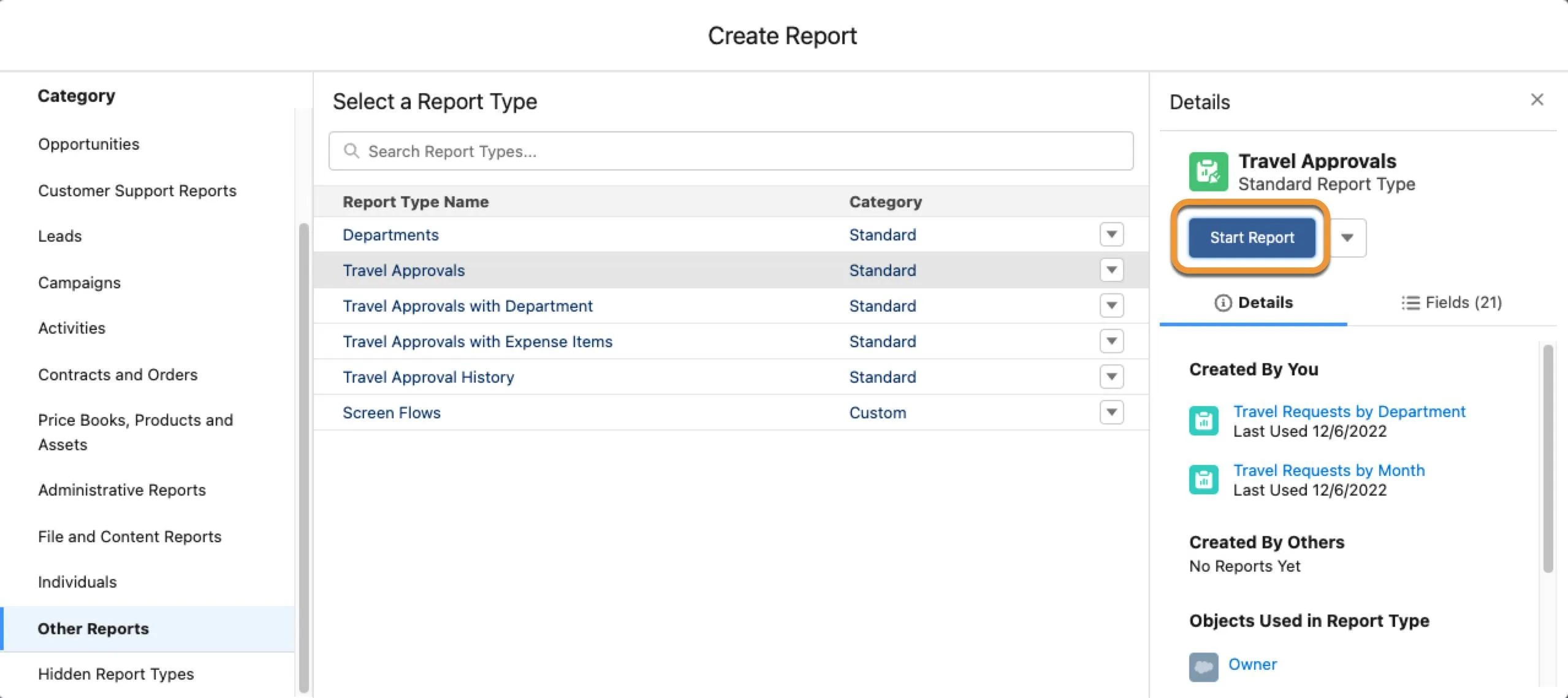 Choose Report Type (Choisir un type de rapport) avec Travel Approvals (Approbations de déplacement) sélectionné.