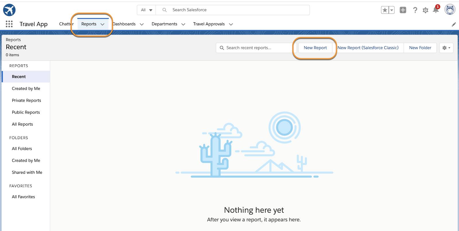 Guia Reports (Relatórios) com opção New Report (Novo relatório) em destaque.