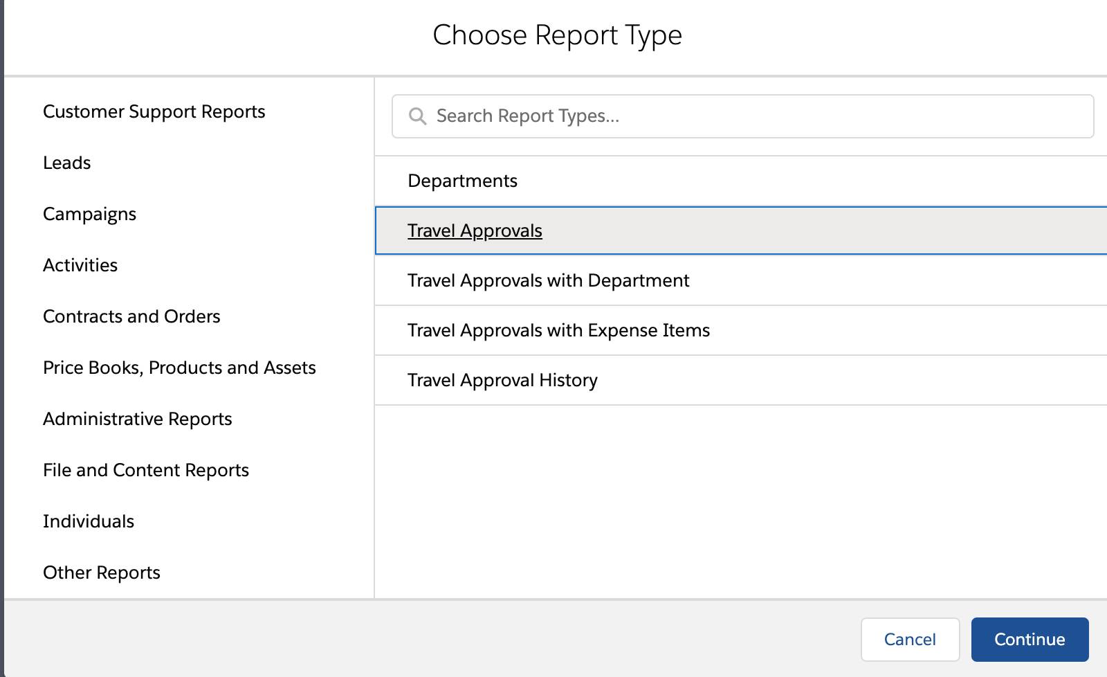 Pantalla Choose Report Type (Seleccionar tipo de reporte) con la opción Travel Approvals (Aprobaciones de viajes) resaltada.
